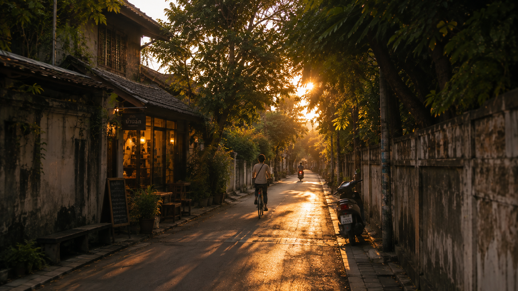Sunset in the Chiang Mai old city: a cyclist on a quiet lane past a lantern-lit café